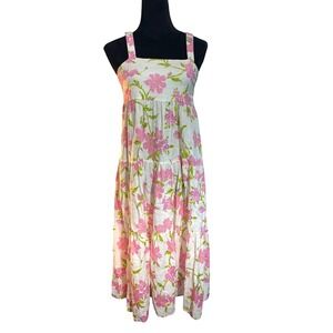 Julie Brown New York Pink Floral Tiered Midi Sundress Square Neck Linen Blend